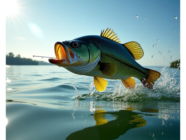 Largemouth bass jumping out of water with a hook in its mouth