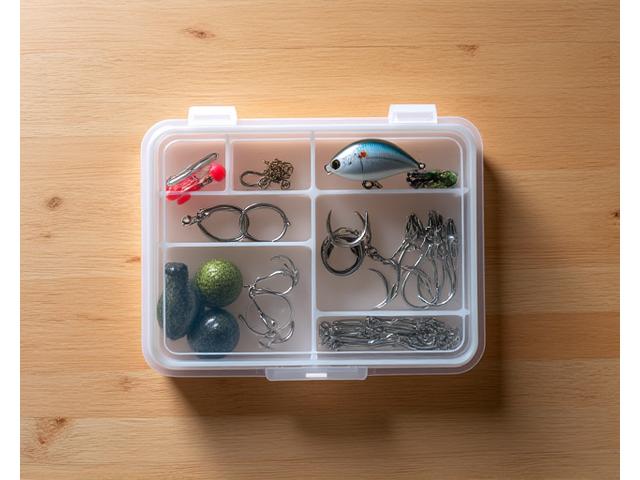Beginner's all-purpose fishing tackle kit with basic lures, sinkers, floats, and hooks.