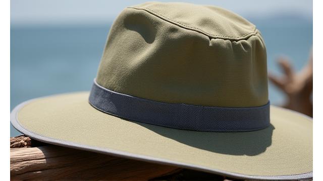 Close-up of a wide-brimmed UPF sun hat, designed for maximum sun protection.