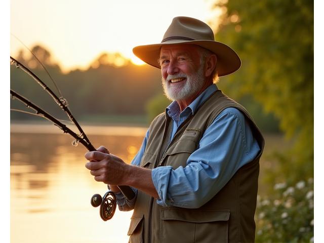 Joyful senior man fishing from a serene lake, using lightweight, comfortable gear.