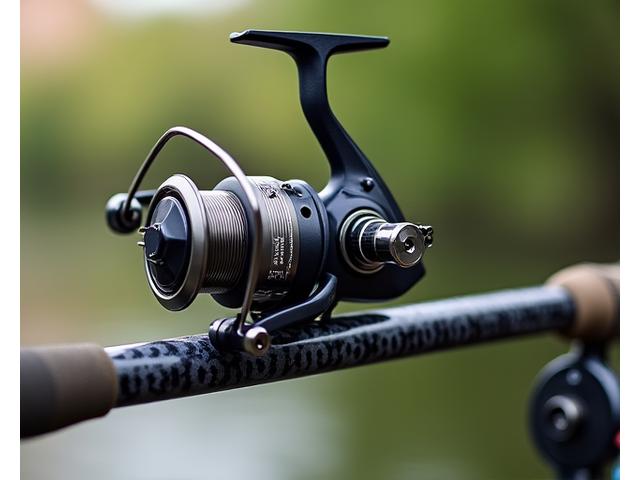 Modern fishing reel on a rod, ready for casting