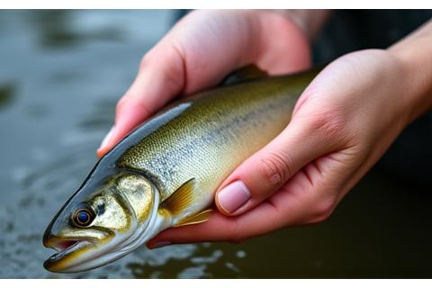 Hands carefully releasing a fish back into water
