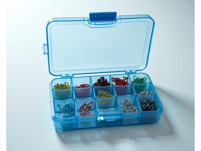 Open utility tackle box with multiple transparent compartments